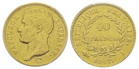 Premier Empire 1804-1814 
40 Francs, Limoges, 1807 I, Frappe Médaille, AU 12.9 g.
Ref : G. 1082a, Fr. 485
Conservation : PCGS XF40
Frappe médaille. D'...