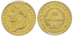 Premier Empire 1804-1814 
20 Francs, Toulouse, 1809 M, AU 6.45 g. 
Ref : G.1025, Fr. 516 
Conservation : PCGS AU55 
Quantité : 5007 exemplaires. Rare