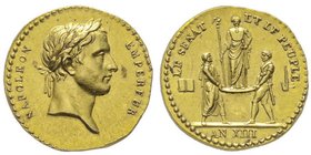 Premier Empire 1804-1814 
Médaille en or, AN XIII (1804), AU 1.72 g. 13.8 mm par Jeuffroy
Avers : NAPOLEON EMPEREUR 
Revers : LE SENAT ET LE PEUPLE AN...