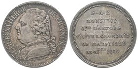 Première Restauration 1814-1815
Module du 5 Francs sur flan argent, Visite du Comte d'Artois à la monnaie de Marseille le 4 octobre 1814, AG 24.92 g.
...