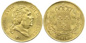 Louis XVIII 1815-1824
40 francs, Lille, 1818 W, AU 12.9 g.
Ref : G. 1092, Fr. 532
Conservation : NGC MS63. Exemplaire d'une qualité exceptionnelle.