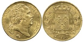 Louis XVIII 1815-1824
20 Francs, Paris, 1820, AU 6.45 g.
Ref : G. 1028, Fr. 539 
Conservation : NGC MS63+. Très rare dans cette qualité.