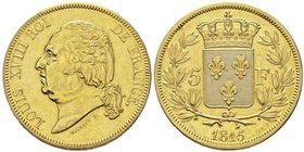 Louis XVIII 1815-1824
Epreuve or de 5 Francs, 1815, sans différent et lettre d'atelier, AU 40.83 g. par Auguste François Michaut
Avers : LOUIS XVIII R...