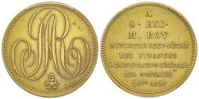Louis XVIII 1815-1824
Module de 5 Francs, pour le ministre secrétaire d’État M. Roy, Paris, 1820, Bronze doré 22.99 g.
Ref : Maz.795a variante dore...