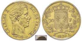Charles X 1824-1830
20 Francs ESSAI, Paris, 1830 A, AU 6.45 g. tranche striée
Ref : G. 1029b, Variante de tranche inconnue de Mazard. Le type courant ...