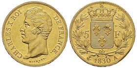 Charles X 1824-1830
Epreuve or de 5 Francs, Paris,1830 A, AU 41.03 g. par Auguste François Michaut
Avers : CHARLES X ROI DE FRANCE Tête nue du Roi
a...