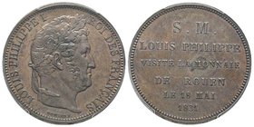 Louis Philippe 1830-1848 
Essai au module de 5 Francs, visite de la Monnaie de Rouen, Rouen, 1831, AE 23 g.
Ref : Maz. 1168b, G.679c (1989) 
Conservat...