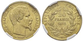 Louis Napoléon Bonaparte 1848-1852 
20 Francs, Paris, 1852 A, AU 6.45 g.
Ref : G. 1060, Fr. 568
Conservation : NGC MS63