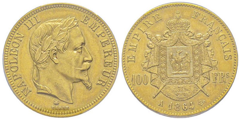 Second Empire 1852-1870
100 Francs, Paris, 1864 A, AU 32.25 g. 
Ref : G. 1136, F...