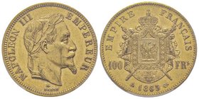 Second Empire 1852-1870
100 Francs, Paris, 1865 A, AU 32.25 g. 
Ref : G. 1136, Fr. 580 
Conservation : PCGS MS63
Quantité : 1517 exemplaires. Très rar...
