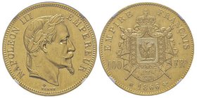 Second Empire 1852-1870
100 Francs, Strasbourg, 1866 BB, AU 32.25 g. 
Ref : G. 1136, Fr. 581
Conservation : NGC MS63 
Quantité : 3075 exemplaires. Con...