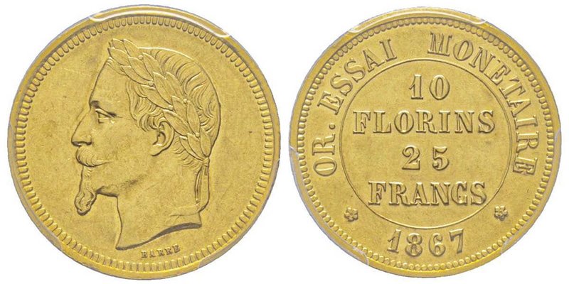 Second Empire 1852-1870
Essai 10 florins / 25 francs, Paris, 1867, par Barre, AU...