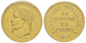 Second Empire 1852-1870
Essai 10 florins / 25 francs, Paris, 1867, par Barre, AU 18 g.
Ref : Maz. 1746 (R 4), G.1109b
Conservation : PCGS SP55
Cet ess...