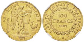 Troisième République 1870-1940
100 Francs, Paris, 1889 A, AU 32.25 g.
Ref : G. 1137, Fr. 590
Conservation : NGC PROOF 58
Quantité : 100 exemplaires. R...