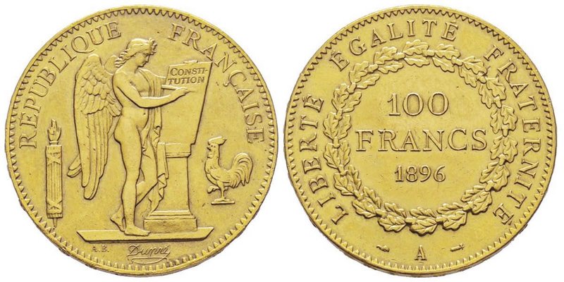 Troisième République 1870-1940
100 Francs, Paris, 1896 A, AU 32.25 g.
Ref : G. 1...