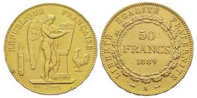 Troisième République 1870-1940
50 Francs, Paris, 1889 A, AU 16.12 g.
Ref : G. 1113, Fr. 591
Conservation : traces de monture sinon presque Superbe
Qua...