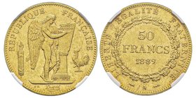 Troisième République 1870-1940
50 Francs, Paris, 1889 A, AU 16.12 g.
Ref : G. 1113, Fr. 591
Conservation : NGC PROOF 60, flan bruni
Quantité : 100 exe...