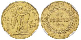Troisième République 1870-1940
50 Francs, Paris, 1896 A, AU 16.12 g. Ref : G. 1113, Fr. 591
Quantité : 800 exemplaires. Conservation : NGC MS63