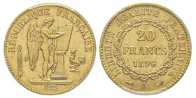 Troisième République 1870-1940
20 Francs, Paris, 1896, Torche, AU 6.45 g.
Ref : G. 1063, Fr. 533
Conservation : PCGS MS63. Rare