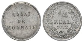 Troisième République 1870-1940
Essai du 1/4 de réal, Paris, 1872, Al 0.98 g.
Ref : Maz. 2232 var. (R1), KM#(Honduras)EI
Conservation : PCGS SP64