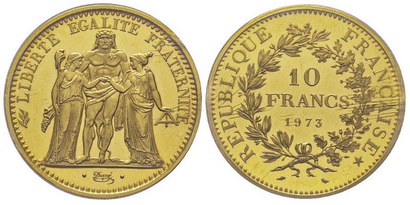 Cinquième République 1959 à nos jours 
Piéfort en or de 10 Francs Hercule, 1973,...