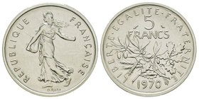 Cinquième République 1959 à nos jours 
Piéfort en platine de 5 Francs Semeuse, 1970, Platine 46.9 g.
Ref : GEM 154.P4
Conservation : PCGS PROOF 69
Qua...