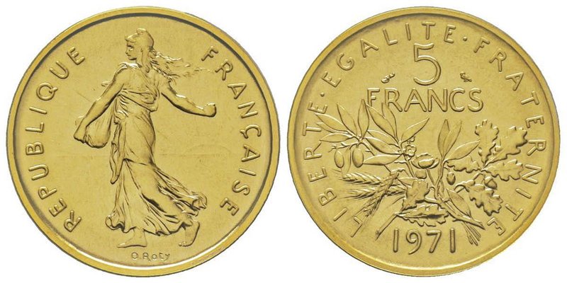 Cinquième République 1959 à nos jours 
Piéfort or de 5 Francs Semeuse, 1971, AU ...