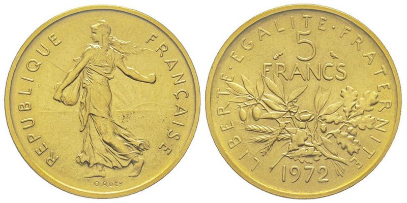 Cinquième République 1959 à nos jours 
Piéfort or de 5 Francs Semeuse, 1972, AU ...