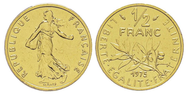 Cinquième République 1959 à nos jours 
Piéfort de 1/2 Franc Semeuse, 1975, AU 18...