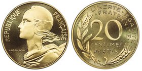 Cinquième République 1959 à nos jours 
Piéfort en or de 20 centimes Marianne, 1972, AU 17.5 g. 920‰ 
Ref : GEM 56.P3 
Conservation : PCGS SP69
Quantit...