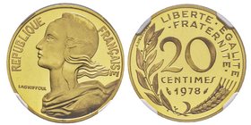 Cinquième République 1959 à nos jours 
Piéfort en or de 20 centimes Marianne, 1978, AU 17.5 g. 920‰ 
Ref : GEM 56.P3 
Conservation : NGC PROOF66 ULTRA...