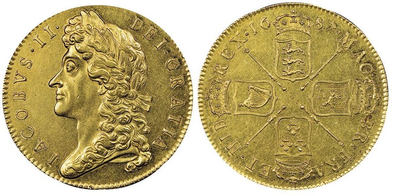 James II 1685-1688
5 Guineas, 1687, sur la tranche "TERTIO", AU 41.71 g.
Ref : S...