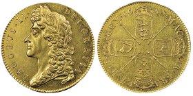 James II 1685-1688
5 Guineas, 1687, sur la tranche "TERTIO", AU 41.71 g.
Ref : Seaby 3397A, Fr. 292
Conservation : NGC MS61