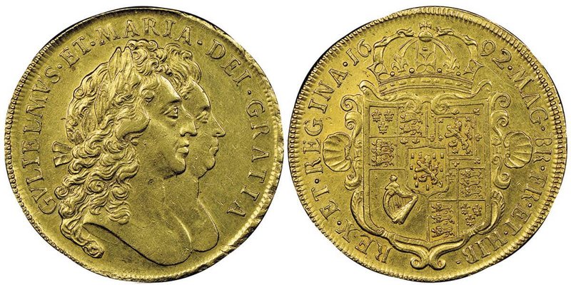 William III et Mary 1688-1694
5 Guineas, 1692, sur la tranche "QVARTO", AU 41.61...