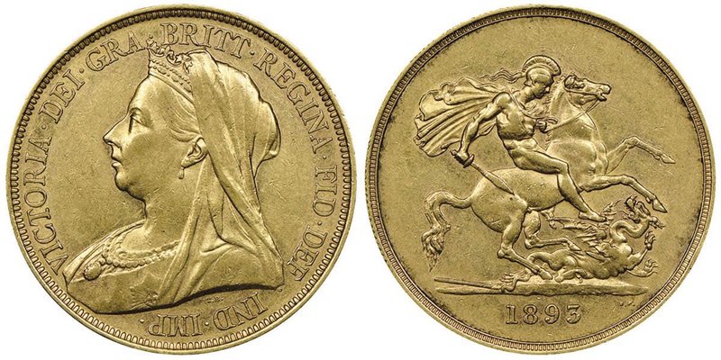 Victoria 1837-1901 
5 Pounds, 1893, AU 40 g. 
Ref : Seaby 3872, Fr. 394a, KM#787...