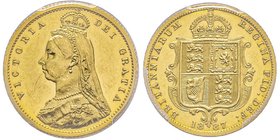 Victoria 1837-1901 
Half sovereign, 1887, Jubilee, AU 4 g.
Ref : Seaby 3869, Fr. 393a, KM#766, Marsh 478 D
Conservation : PCGS PROOF 61