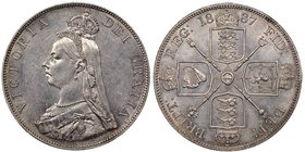 Victoria 1837-1901 
Double Florin, "Arabic 1" 1887, AG 22.65 g.
Ref : Seaby 3923, KM#763
Conservation : NGC MS63