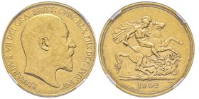 Edward VII 1901-1910
5 Pounds, 1902, AU 39.94 g.
Ref : Seaby 3965, Fr. 398, KM#807 Conservation : NGC AU53