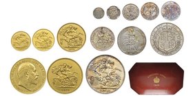 Edward VII 1901-1910
Set 1902 contenant les monnaies en or de 5-2-1-1/2 Pounds et les monnaies en argent de 1 Crown, 1/2 Crown, Florin, Shilling, 6-4-...