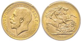 George V 1910-1936
Sovereign, 1916, AU 7.98 g. 917‰
Ref : Seaby 3996, Fr. 404a, KM#820
Conservation : PCGS MS65
