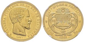 Guatemala
20 Pesos, 1869 R, Carrera, AU 32,25 g. 900‰ 
Ref : Fr. 38, KM#194
Conservation : NGC AU58