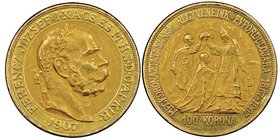 Franz Joseph 1848-1916
100 Korona, 1907 KB, AU 33.87 g.
Ref : Fr.256, KM#490
Conservation : NGC AU58