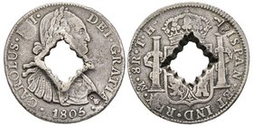 Guadeloupe
Occupation anglaise
9 Livres, (8 Reales), ND (1811), Proclamation 9 May 1811, AG 23.78 g.
Contremarques deux "G" couronnées sur un 8 Reales...