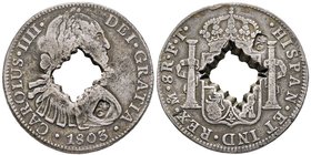Guadeloupe
9 Livres, (8 Reales), ND (1811), AG 23.92 g. Contremarque «G» couronnée, un peu plus grandes en relief à l’avers et au revers
Ref : KM#25...