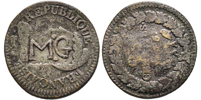 Guadeloupe & dépendances
Sou marqué par surfrappe, ND, Cu 8.68 g.
Surfrappe "M:G...