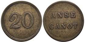 Guadeloupe & dépendances
Jeton de 20 cent non daté, Anse Canot, AE 7.22 g.
Ref : Byrne 1052, manque dans le Lecompte .
Conservation : TTB/SUP. Rare