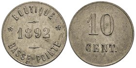 La Martinique
Monnaie de nécessité, Baisse-Pointe
10 centimes, 1892, Zinc nickelé 5.56 g. 30 mm
Ref : Lec. 15 (cette monnaie)
Conservation : Superbe...