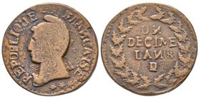 Saint-Dopmingue (Haiti)
Imitation de Un Decime (2 Sous), AN 8D, AE 22.94 g.
Ref : Lec. 13 (cette monnaie)
Conservation : TB/TTB