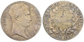 Département de l'Éridan 1802-1814
5 francs, Turin, AN 14 U, AG 25.00 g. 
Ref : G. 580, Pag.26, KM#662.1
Conservation : NGC XF45. Belle Patine. Presque...