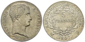 Département de l'Éridan 1802-1814
5 francs, Turin, 1807 U, AG 24.91 g. 
Ref : G. 581, Pag.28, KM#673.1
Conservation : infimes rayures sinon Superbe. T...